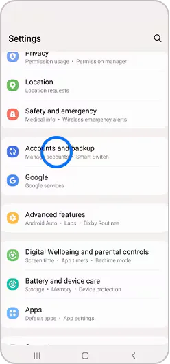 Accounts and back up selected in settings menu