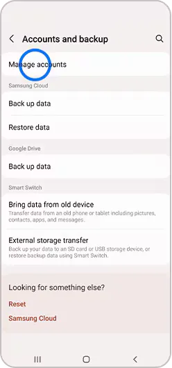 Manage accounts selected in Accounts and backup