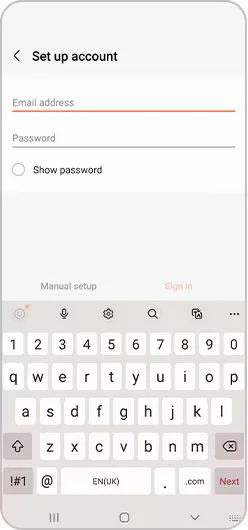 Boxes to enter email address and password for email account