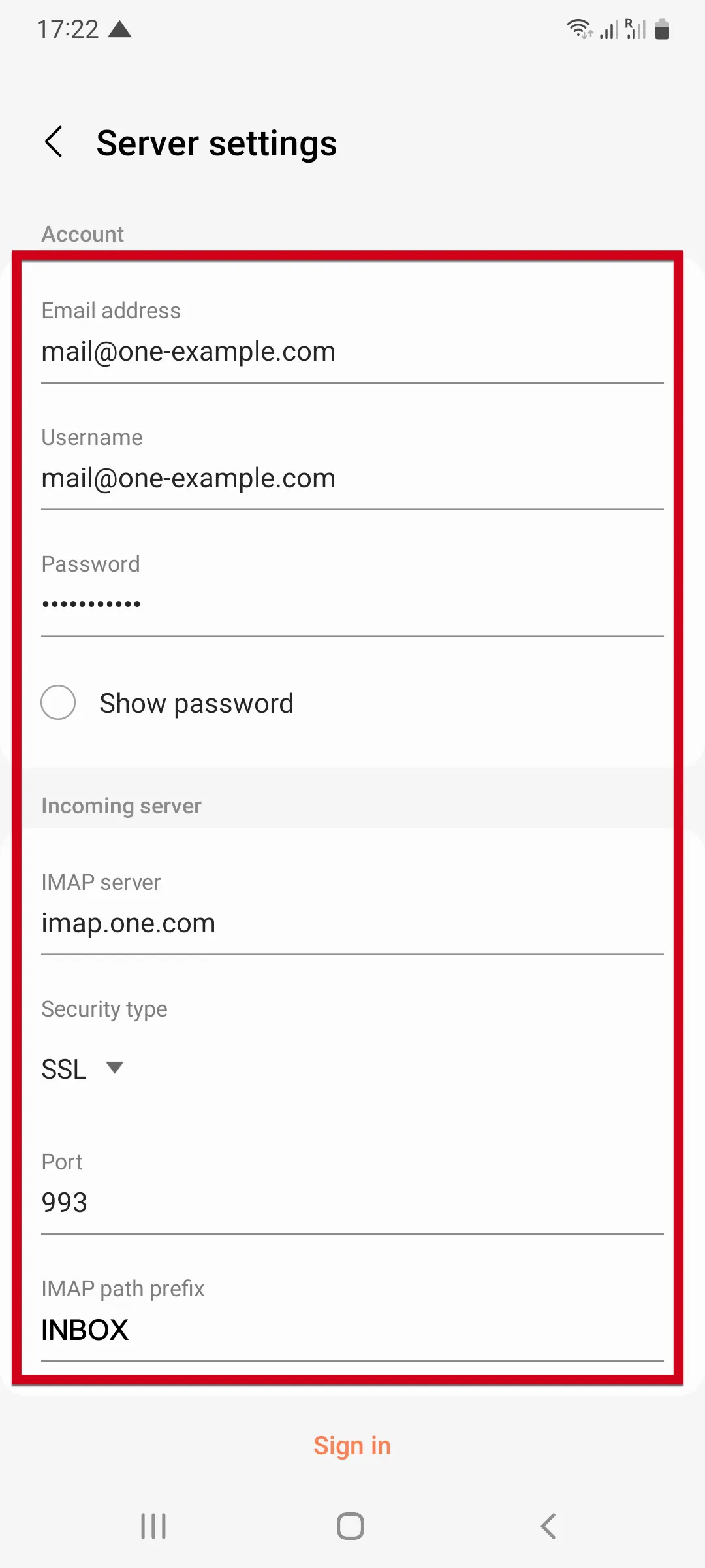 Incoming server settings