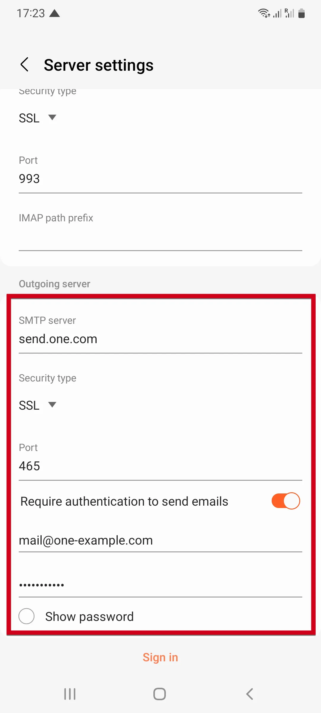 Outgoing server settings